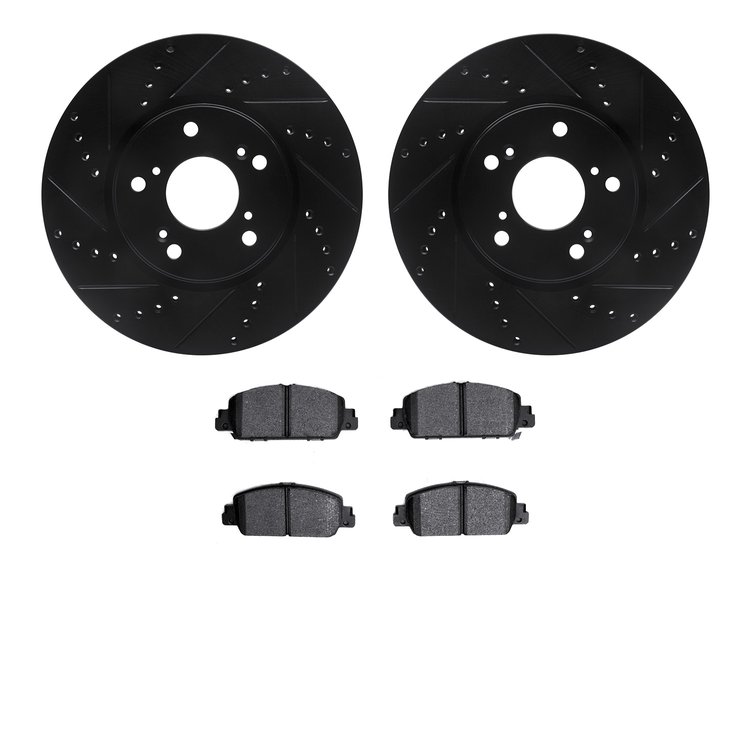 8502-59046 Drilled/Slotted Brake Rotors w/5000 Advanced Brake Pads Kit [Black], 2014-2017 Acura/Honda, Position: Front