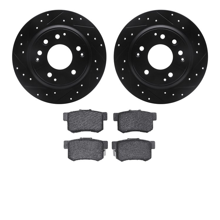 8502-59049 Drilled/Slotted Brake Rotors w/5000 Advanced Brake Pads Kit [Black], 1991-1999 Multiple Makes/Models, Position: Rear