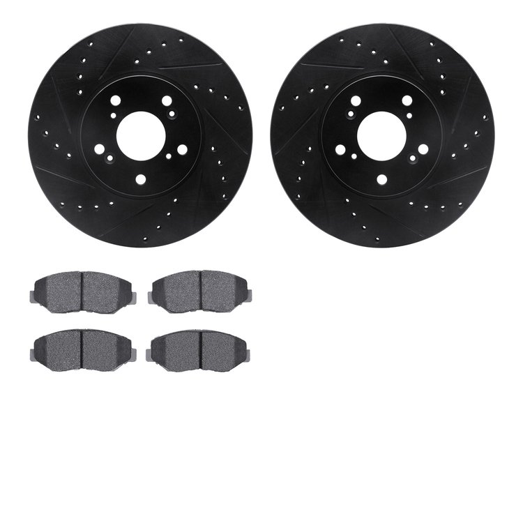 8502-59054 Drilled/Slotted Brake Rotors w/5000 Advanced Brake Pads Kit [Black], 2003-2008 Acura/Honda, Position: Front