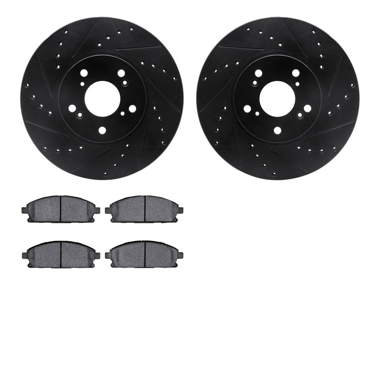 8502-59057 Drilled/Slotted Brake Rotors w/5000 Advanced Brake Pads Kit [Black], 2003-2006 Acura/Honda, Position: Front