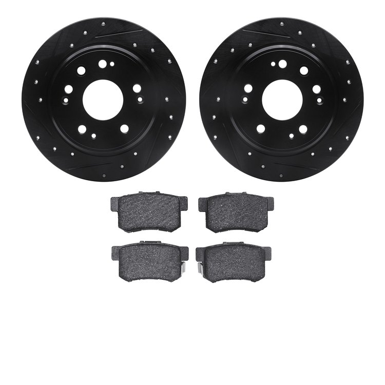 8502-59060 Drilled/Slotted Brake Rotors w/5000 Advanced Brake Pads Kit [Black], 2002-2004 Acura/Honda, Position: Rear