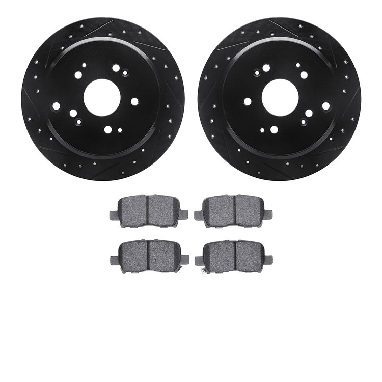8502-59063 Drilled/Slotted Brake Rotors w/5000 Advanced Brake Pads Kit [Black], 2002-2004 Acura/Honda, Position: Rear