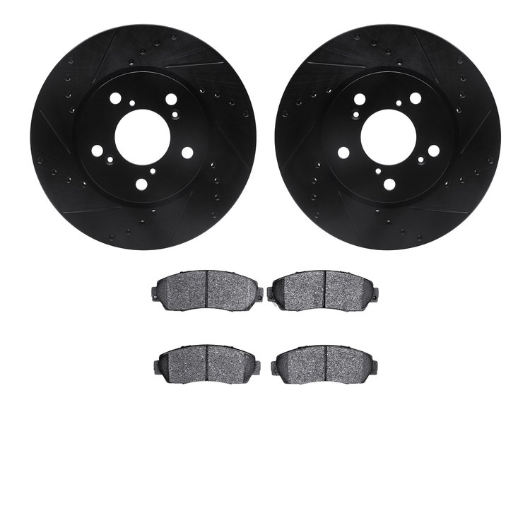 8502-59070 Drilled/Slotted Brake Rotors w/5000 Advanced Brake Pads Kit [Black], 2005-2010 Acura/Honda, Position: Front