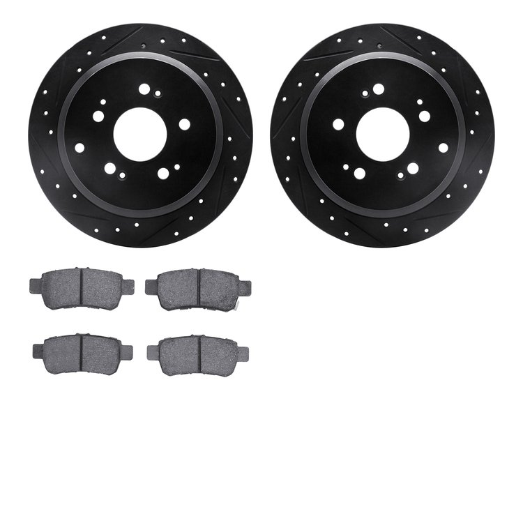 8502-59071 Drilled/Slotted Brake Rotors w/5000 Advanced Brake Pads Kit [Black], 2005-2010 Acura/Honda, Position: Rear