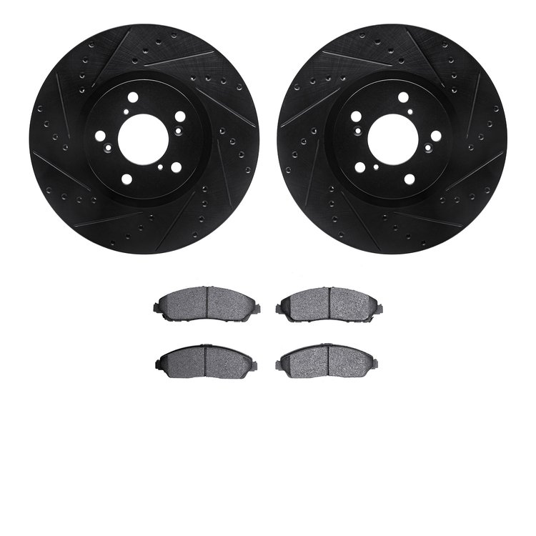 8502-59072 Drilled/Slotted Brake Rotors w/5000 Advanced Brake Pads Kit [Black], 2007-2015 Acura/Honda, Position: Front