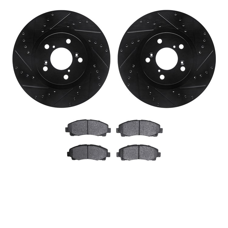 8502-59079 Drilled/Slotted Brake Rotors w/5000 Advanced Brake Pads Kit [Black], 2009-2014 Acura/Honda, Position: Front