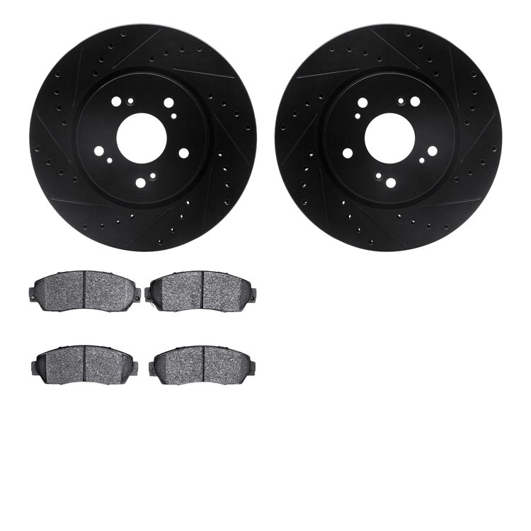 8502-59085 Drilled/Slotted Brake Rotors w/5000 Advanced Brake Pads Kit [Black], 2007-2016 Acura/Honda, Position: Front