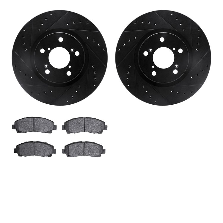 8502-59092 Drilled/Slotted Brake Rotors w/5000 Advanced Brake Pads Kit [Black], 2006-2014 Acura/Honda, Position: Front