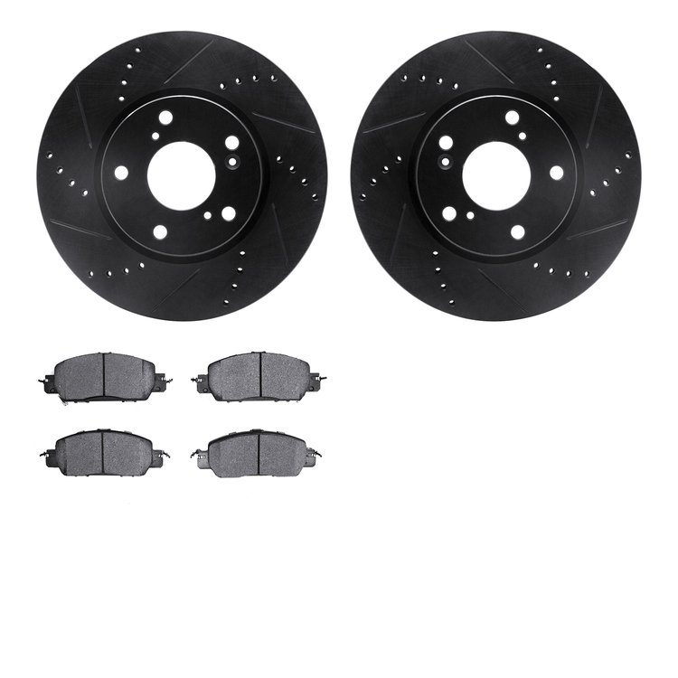 8502-59095 Drilled/Slotted Brake Rotors w/5000 Advanced Brake Pads Kit [Black], 2016-2017 Acura/Honda, Position: Front