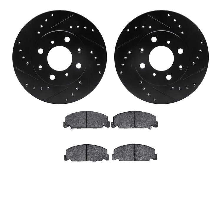 8502-59109 Drilled/Slotted Brake Rotors w/5000 Advanced Brake Pads Kit [Black], 1990-2000 Acura/Honda, Position: Front