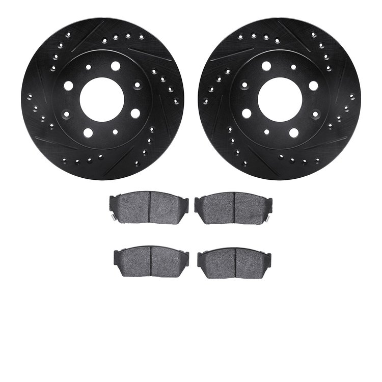 8502-59111 Drilled/Slotted Brake Rotors w/5000 Advanced Brake Pads Kit [Black], 1983-1983 Acura/Honda, Position: Front