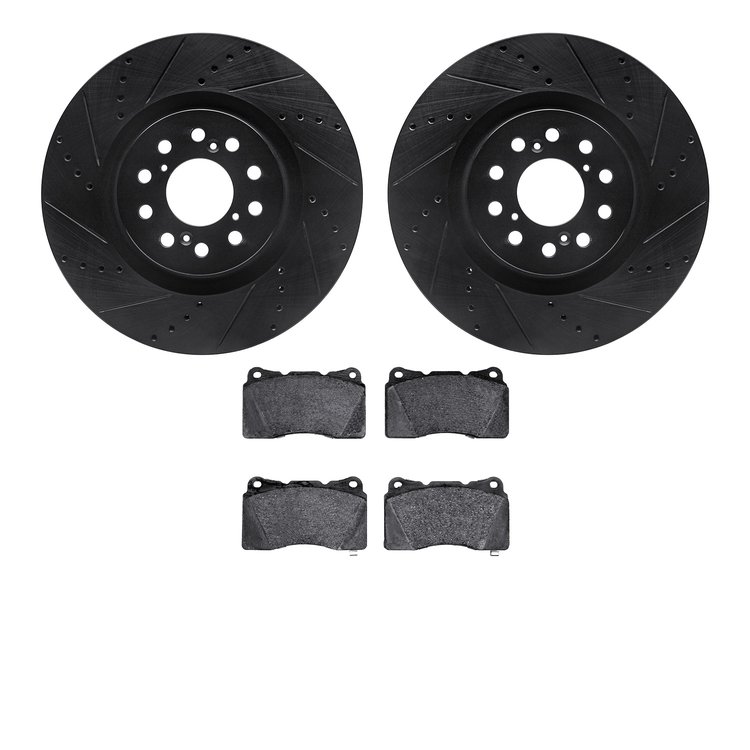 8502-59112 Drilled/Slotted Brake Rotors w/5000 Advanced Brake Pads Kit [Black], 2017-2019 Acura/Honda, Position: Front
