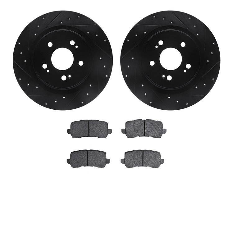 8502-59113 Drilled/Slotted Brake Rotors w/5000 Advanced Brake Pads Kit [Black], Fits Select Acura/Honda, Position: Rear