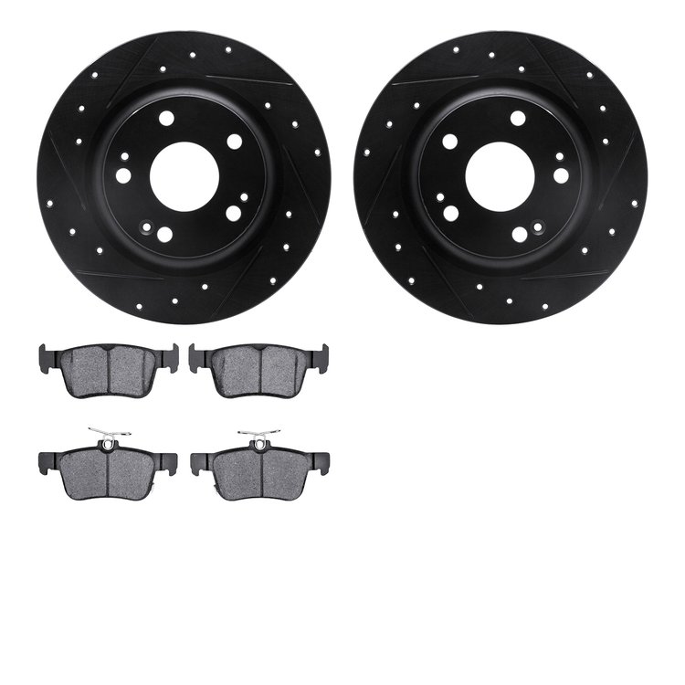 8502-59115 Drilled/Slotted Brake Rotors w/5000 Advanced Brake Pads Kit [Black], 2017-2020 Acura/Honda, Position: Rear