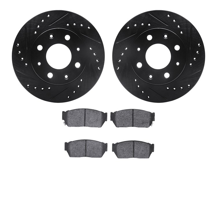 8502-59117 Drilled/Slotted Brake Rotors w/5000 Advanced Brake Pads Kit [Black], 1984-1987 Acura/Honda, Position: Front