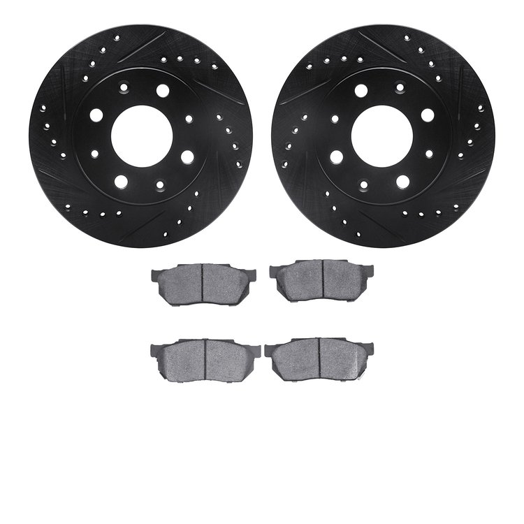 8502-59118 Drilled/Slotted Brake Rotors w/5000 Advanced Brake Pads Kit [Black], 1984-2006 Acura/Honda, Position: Front