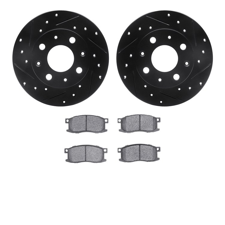 8502-59129 Drilled/Slotted Brake Rotors w/5000 Advanced Brake Pads Kit [Black], 1979-1982 Acura/Honda, Position: Front