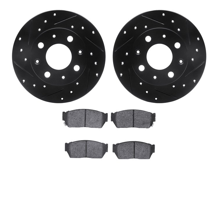 8502-59130 Drilled/Slotted Brake Rotors w/5000 Advanced Brake Pads Kit [Black], 1982-1983 Acura/Honda, Position: Front