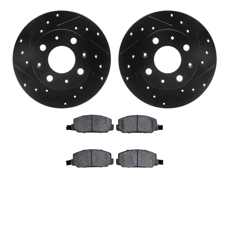 8502-59131 Drilled/Slotted Brake Rotors w/5000 Advanced Brake Pads Kit [Black], 1980-1982 Acura/Honda, Position: Front