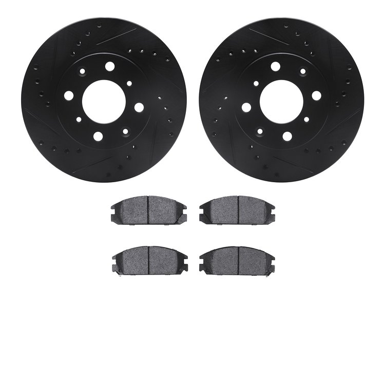 8502-59149 Drilled/Slotted Brake Rotors w/5000 Advanced Brake Pads Kit [Black], 1985-1989 Acura/Honda, Position: Front