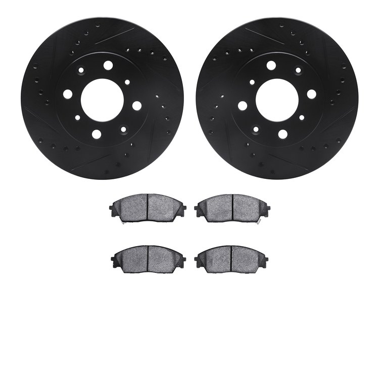 8502-59150 Drilled/Slotted Brake Rotors w/5000 Advanced Brake Pads Kit [Black], 1988-1990 Acura/Honda, Position: Front