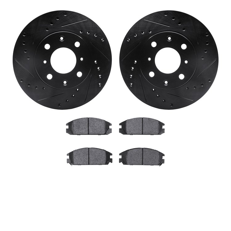 8502-59159 Drilled/Slotted Brake Rotors w/5000 Advanced Brake Pads Kit [Black], 1986-1989 Acura/Honda, Position: Front