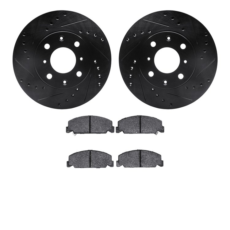 8502-59161 Drilled/Slotted Brake Rotors w/5000 Advanced Brake Pads Kit [Black], 1988-1989 Acura/Honda, Position: Front
