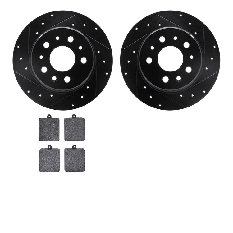 8502-63006 Drilled/Slotted Brake Rotors w/5000 Advanced Brake Pads Kit [Black], 1961-1963 Mercedes-Benz, Position: Rear