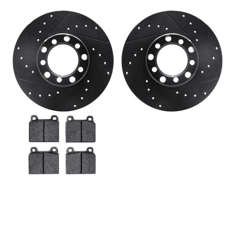 8502-63009 Drilled/Slotted Brake Rotors w/5000 Advanced Brake Pads Kit [Black], 1968-1976 Mercedes-Benz, Position: Front