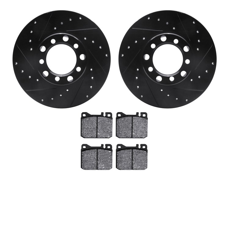 8502-63010 Drilled/Slotted Brake Rotors w/5000 Advanced Brake Pads Kit [Black], 1973-1979 Mercedes-Benz, Position: Front