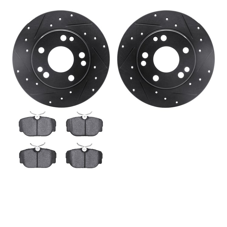 8502-63013 Drilled/Slotted Brake Rotors w/5000 Advanced Brake Pads Kit [Black], 1984-1989 Mercedes-Benz, Position: Front