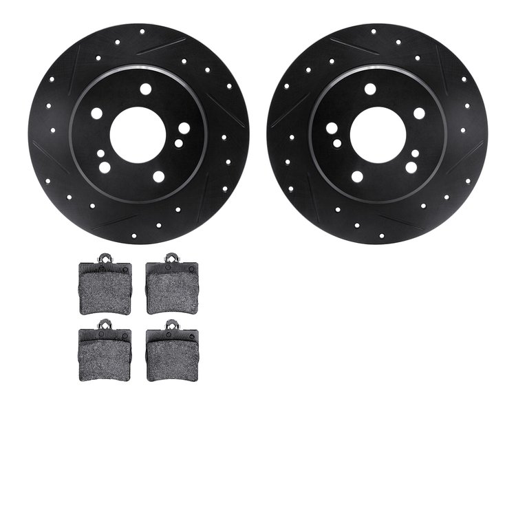 8502-63016 Drilled/Slotted Brake Rotors w/5000 Advanced Brake Pads Kit [Black], 1996-2015 Multiple Makes/Models, Position: Rear