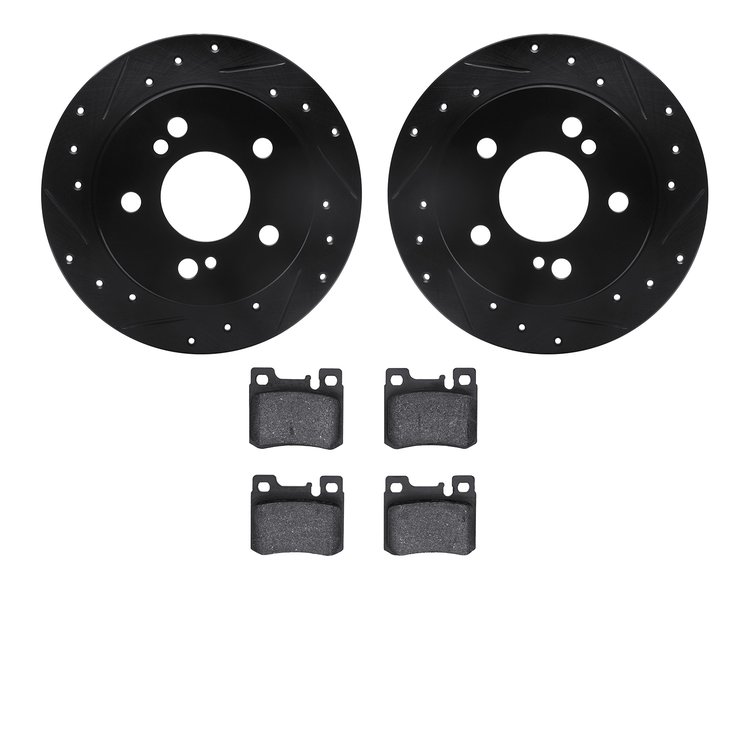 8502-63019 Drilled/Slotted Brake Rotors w/5000 Advanced Brake Pads Kit [Black], 1986-1993 Mercedes-Benz, Position: Rear