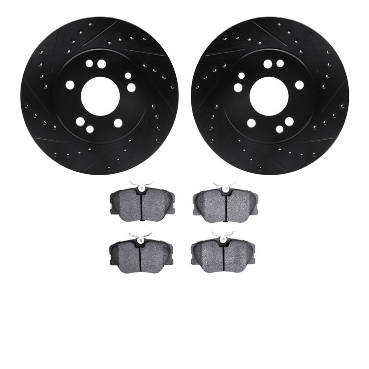 8502-63020 Drilled/Slotted Brake Rotors w/5000 Advanced Brake Pads Kit [Black], 1984-1995 Mercedes-Benz, Position: Front