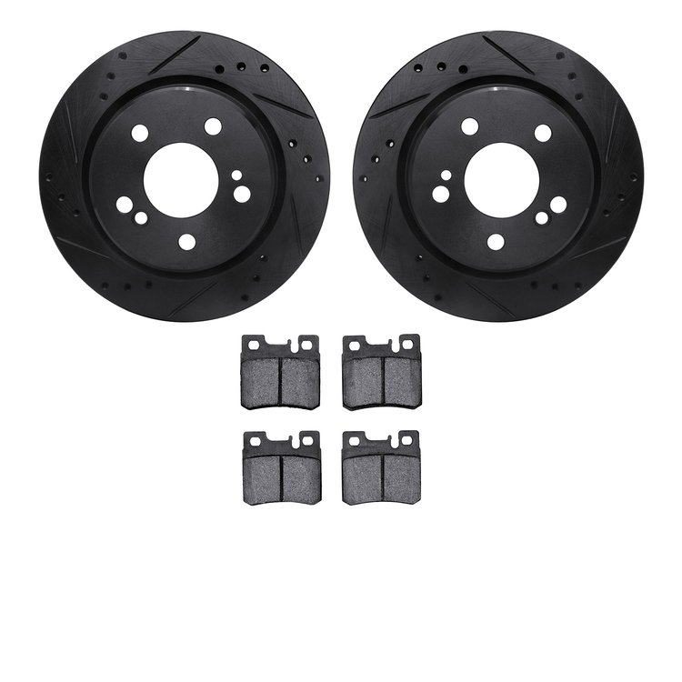 8502-63027 Drilled/Slotted Brake Rotors w/5000 Advanced Brake Pads Kit [Black], 1992-1995 Mercedes-Benz, Position: Rear
