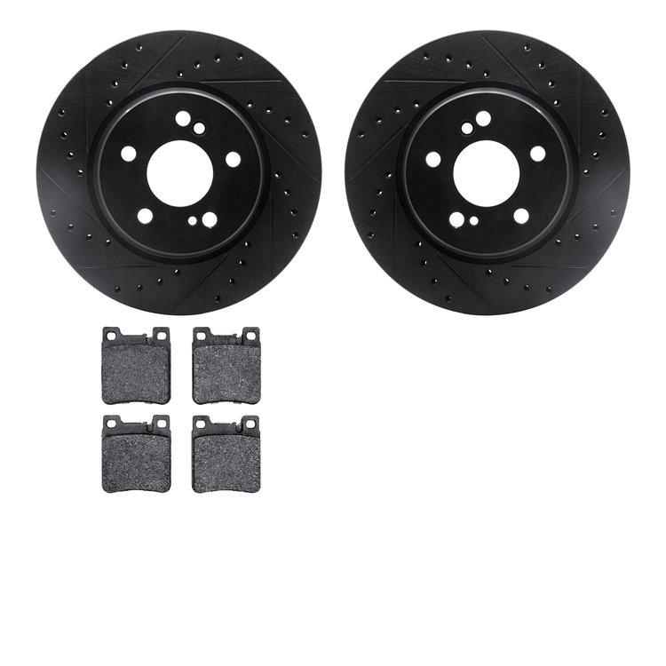 8502-63032 Drilled/Slotted Brake Rotors w/5000 Advanced Brake Pads Kit [Black], 1993-2002 Mercedes-Benz, Position: Rear