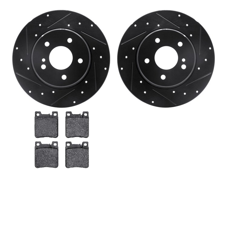 8502-63033 Drilled/Slotted Brake Rotors w/5000 Advanced Brake Pads Kit [Black], 1994-2000 Mercedes-Benz, Position: Rear