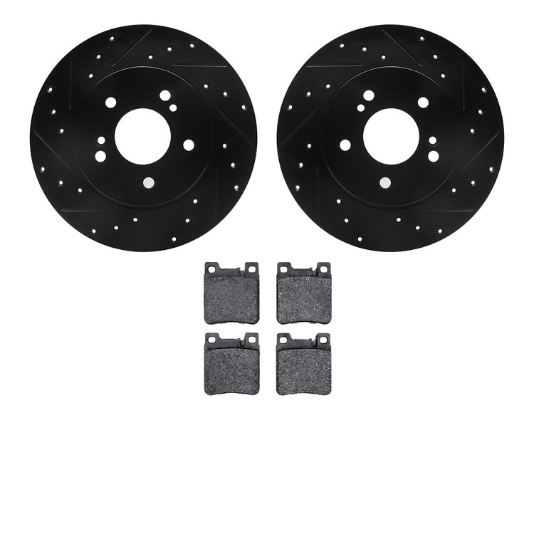 8502-63035 Drilled/Slotted Brake Rotors w/5000 Advanced Brake Pads Kit [Black], 1996-1998 Mercedes-Benz, Position: Rear