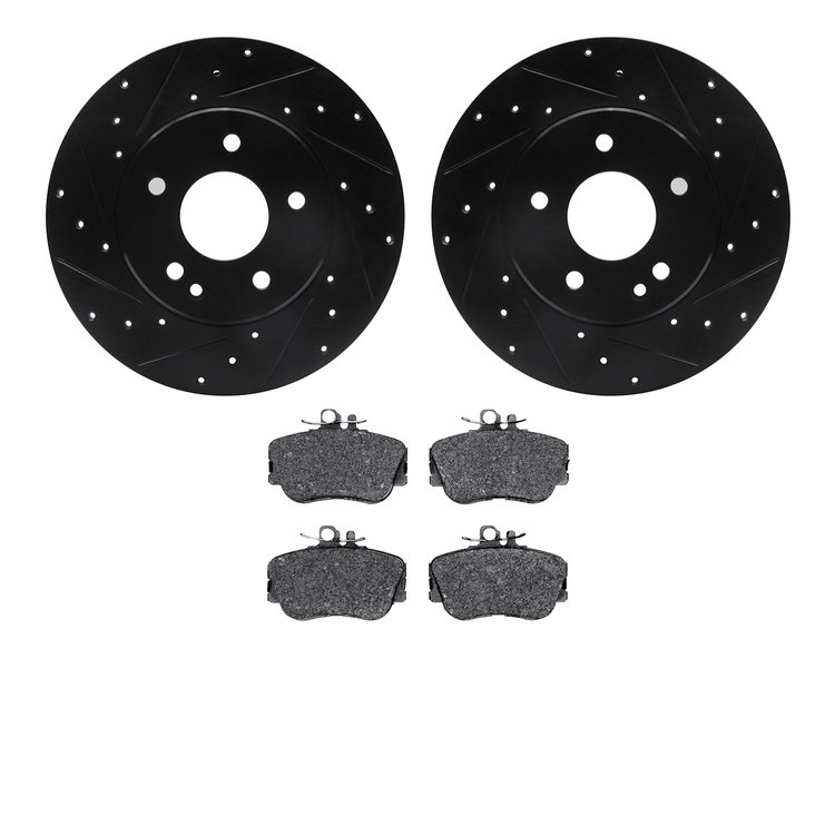 8502-63036 Drilled/Slotted Brake Rotors w/5000 Advanced Brake Pads Kit [Black], 1997-1998 Mercedes-Benz, Position: Front