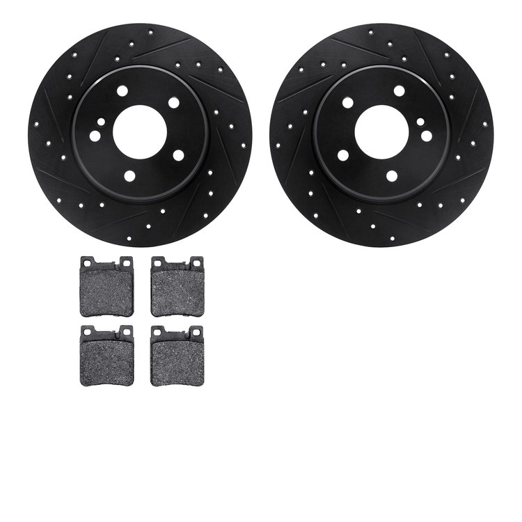 8502-63037 Drilled/Slotted Brake Rotors w/5000 Advanced Brake Pads Kit [Black], 1998-2003 Mercedes-Benz, Position: Rear