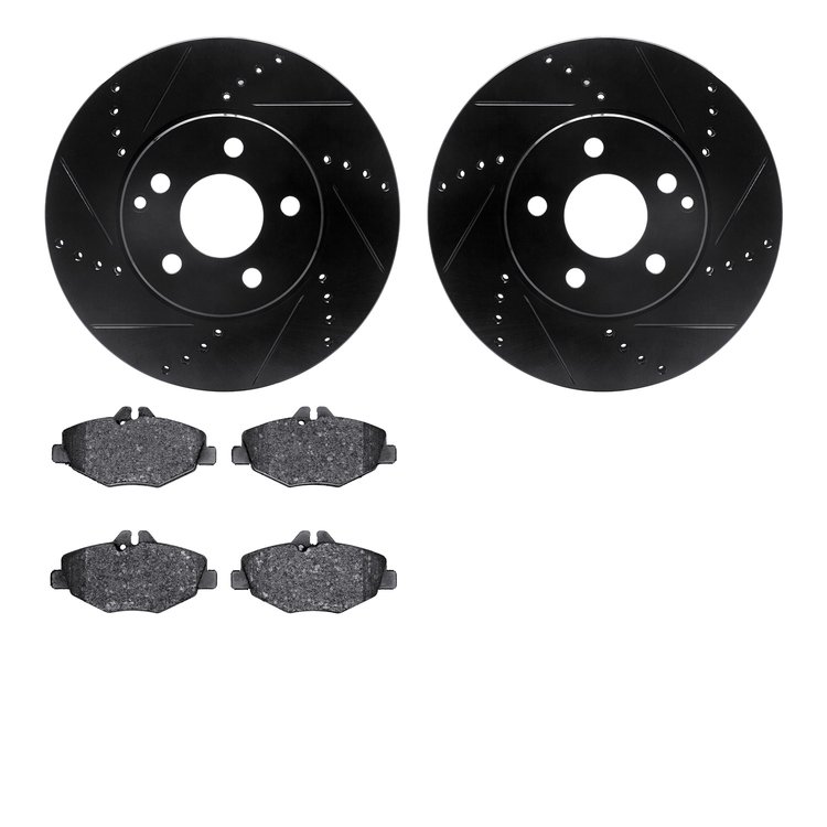 8502-63041 Drilled/Slotted Brake Rotors w/5000 Advanced Brake Pads Kit [Black], 2003-2009 Mercedes-Benz, Position: Front