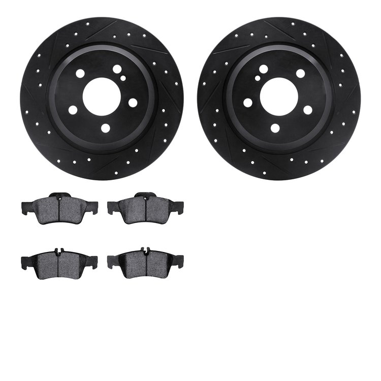 8502-63045 Drilled/Slotted Brake Rotors w/5000 Advanced Brake Pads Kit [Black], 2003-2006 Mercedes-Benz, Position: Rear