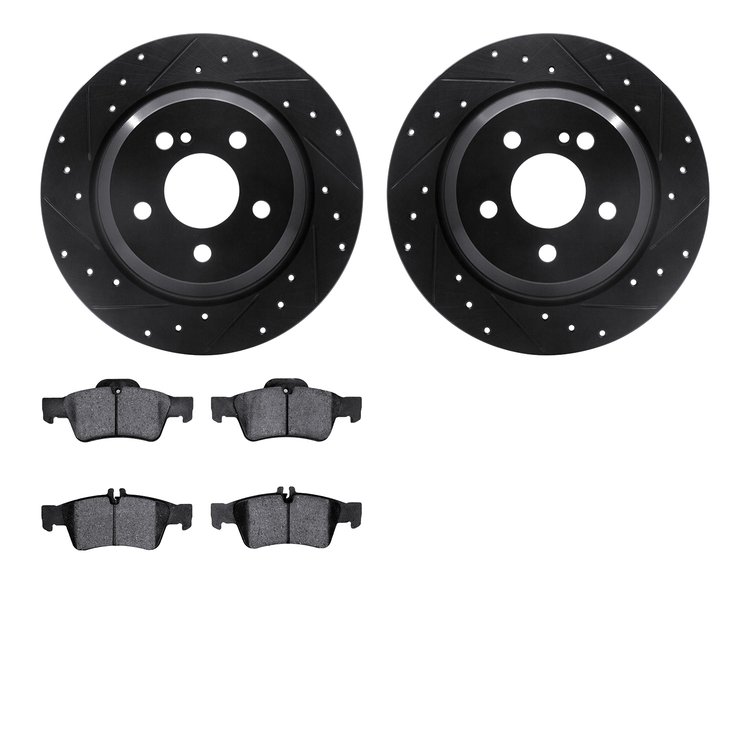 8502-63048 Drilled/Slotted Brake Rotors w/5000 Advanced Brake Pads Kit [Black], 2007-2009 Mercedes-Benz, Position: Rear