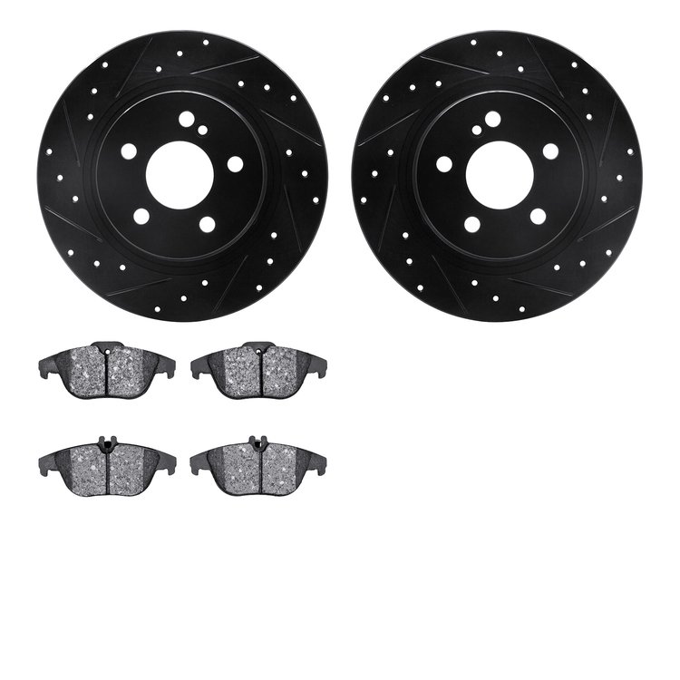 8502-63051 Drilled/Slotted Brake Rotors w/5000 Advanced Brake Pads Kit [Black], 2010-2015 Mercedes-Benz, Position: Rear