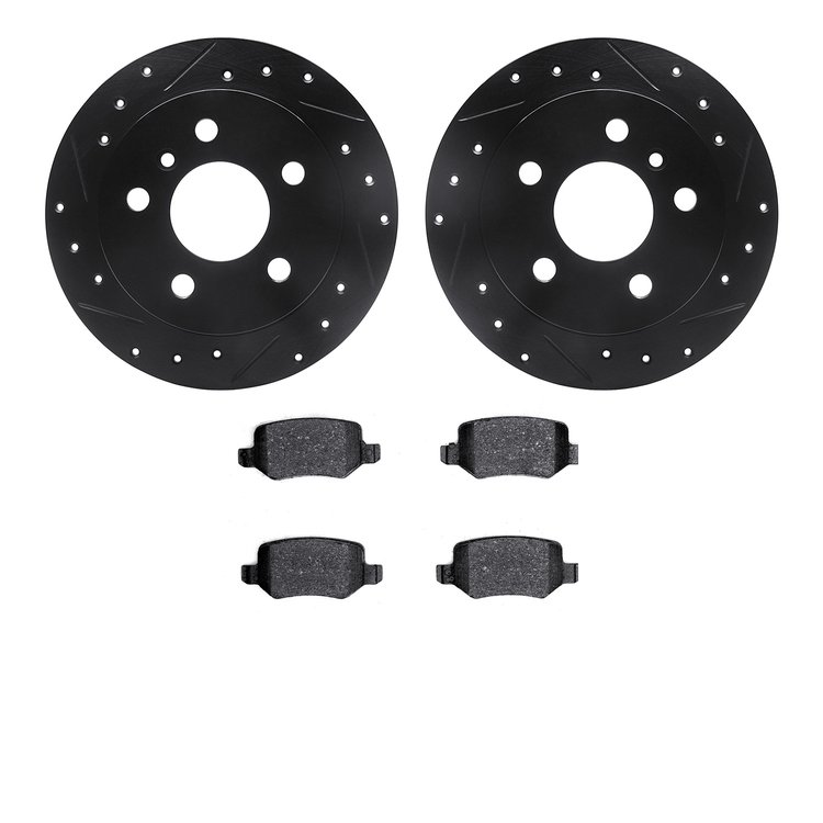 8502-63052 Drilled/Slotted Brake Rotors w/5000 Advanced Brake Pads Kit [Black], 2006-2011 Mercedes-Benz, Position: Rear