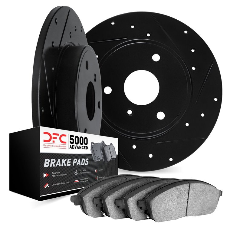 8502-63053 Drilled/Slotted Brake Rotors w/5000 Advanced Brake Pads Kit [Black], 2005-2016 Smart, Position: Front
