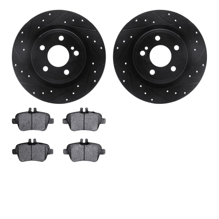 8502-63056 Drilled/Slotted Brake Rotors w/5000 Advanced Brake Pads Kit [Black], 2017-2020 Mercedes-Benz, Position: Rear
