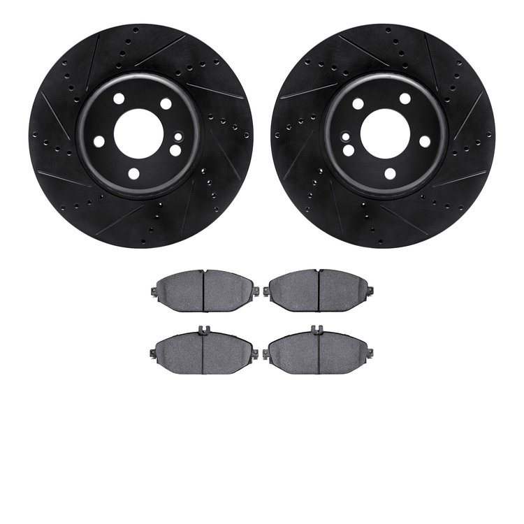 8502-63061 Drilled/Slotted Brake Rotors w/5000 Advanced Brake Pads Kit [Black], Fits Select Mercedes-Benz, Position: Front
