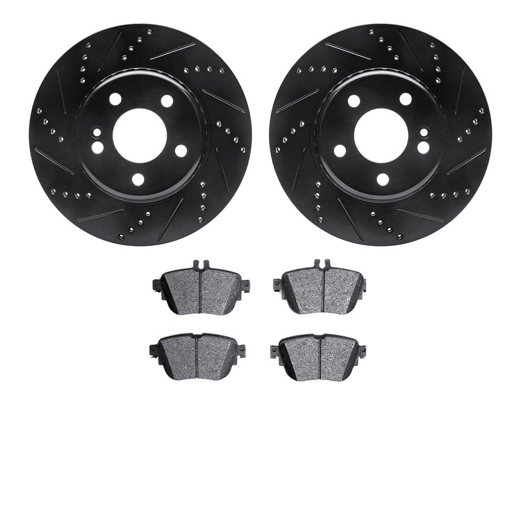 8502-63063 Drilled/Slotted Brake Rotors w/5000 Advanced Brake Pads Kit [Black], 2017-2019 Mercedes-Benz, Position: Rear