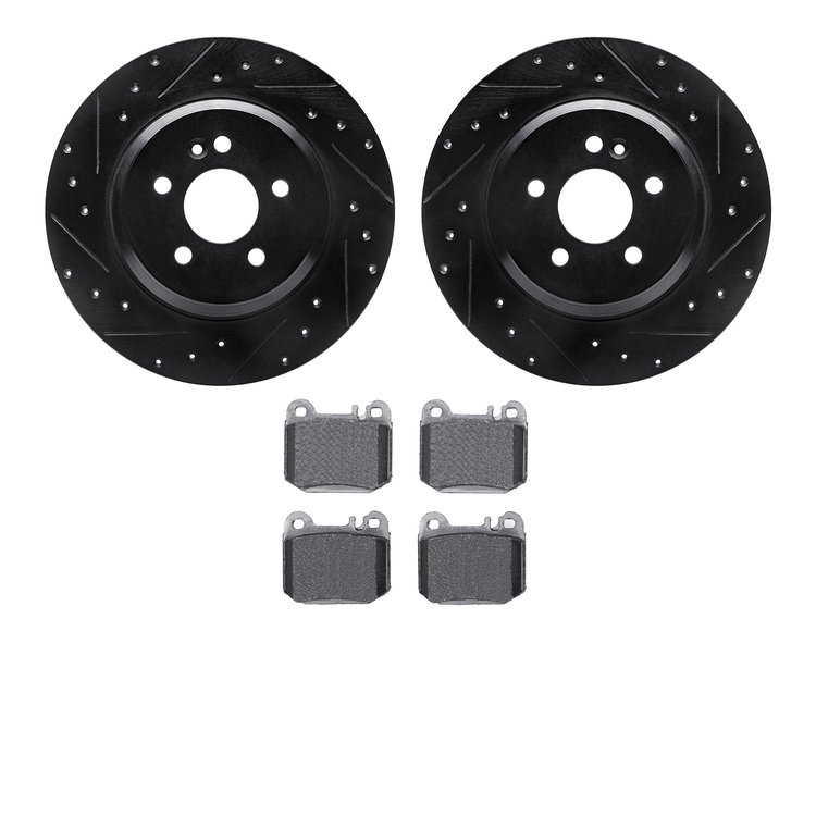 8502-63083 Drilled/Slotted Brake Rotors w/5000 Advanced Brake Pads Kit [Black], 2000-2005 Mercedes-Benz, Position: Rear